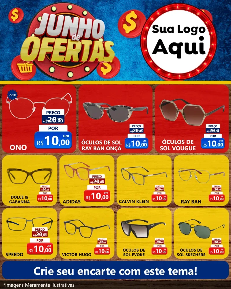 Modelo de Rede Social para Feed Instagram com o tema Junho de Ofertas para Óticas