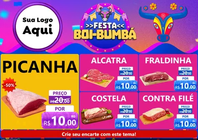 Modelo de Encarte para Encarte A4 Horizontal com o tema Festa Boi-Bumbá para Açougue