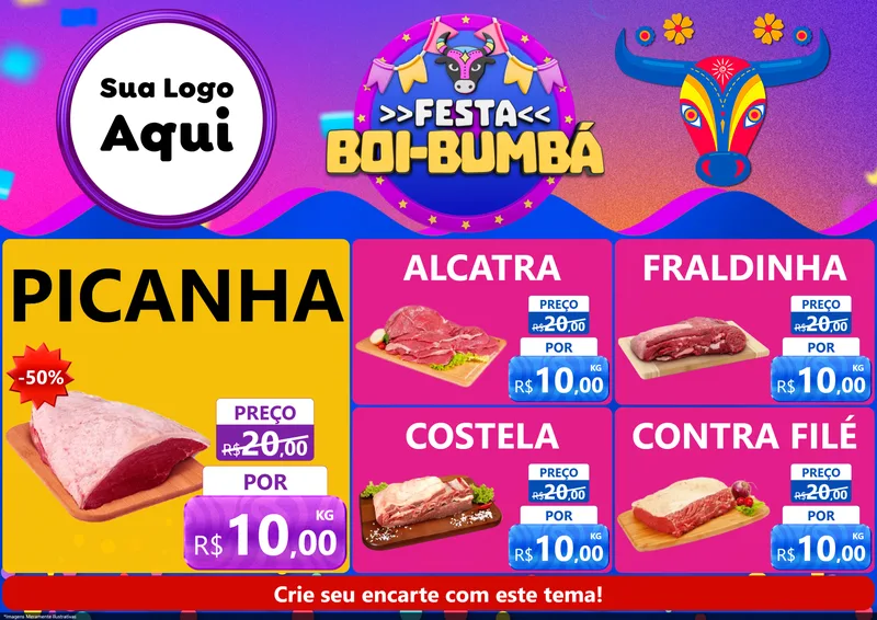 Modelo de Encarte para Encarte A4 Horizontal com o tema Festa Boi-Bumbá para Açougue