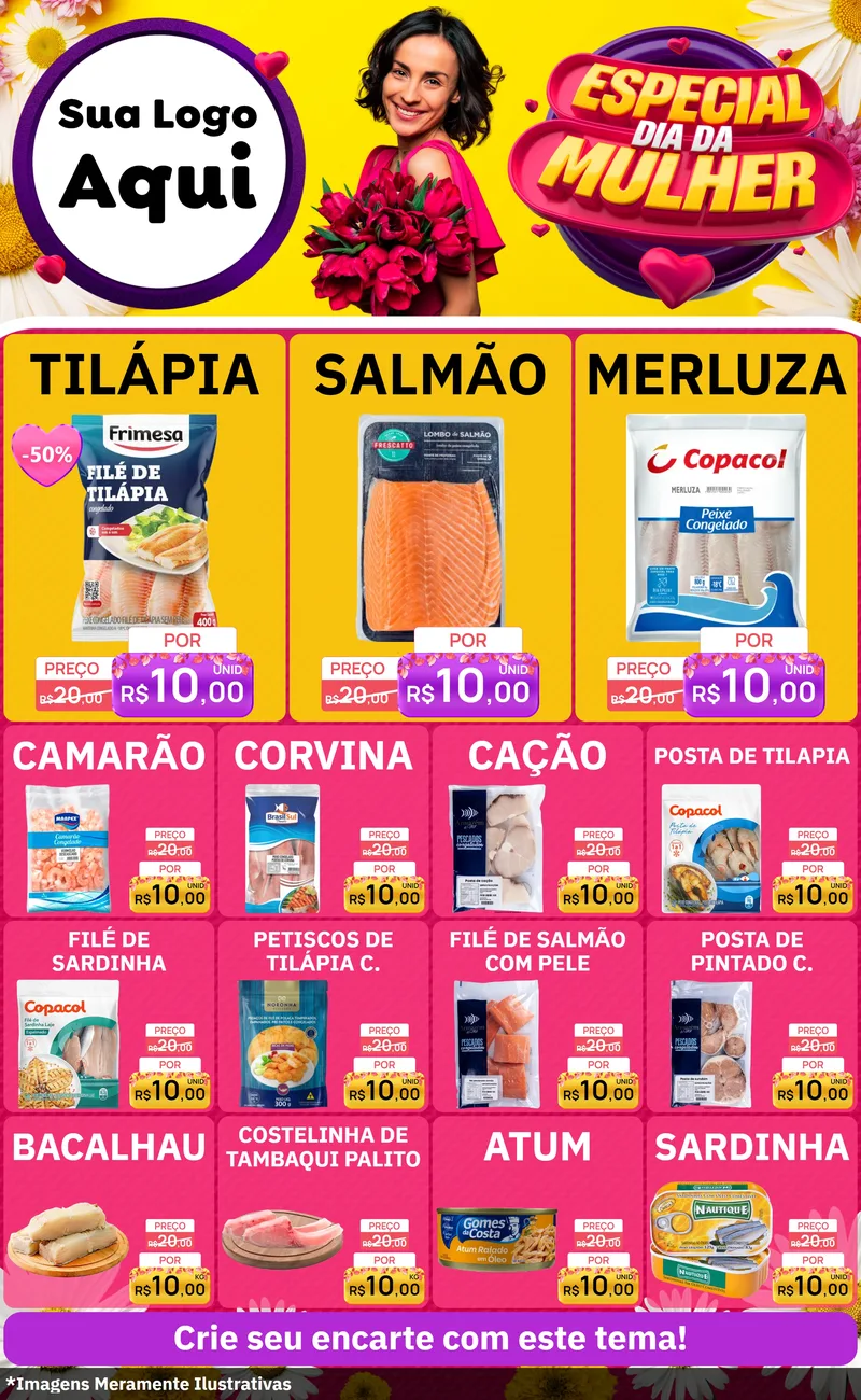 Modelo de Encarte para Encarte Grande com o tema Especial Dia da Mulher para Peixaria