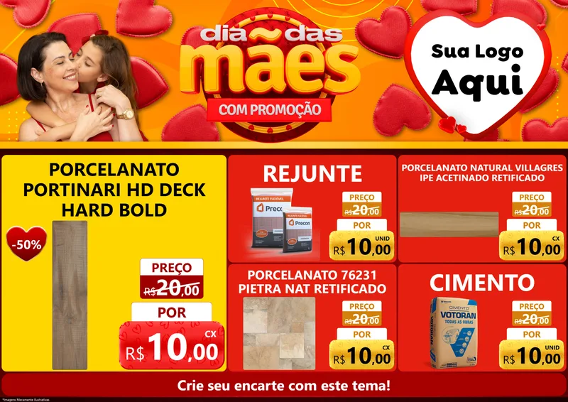 Modelo de Encarte para Encarte A4 Horizontal com o tema Dia das Mães com Promoção para Pisos e revestimentos