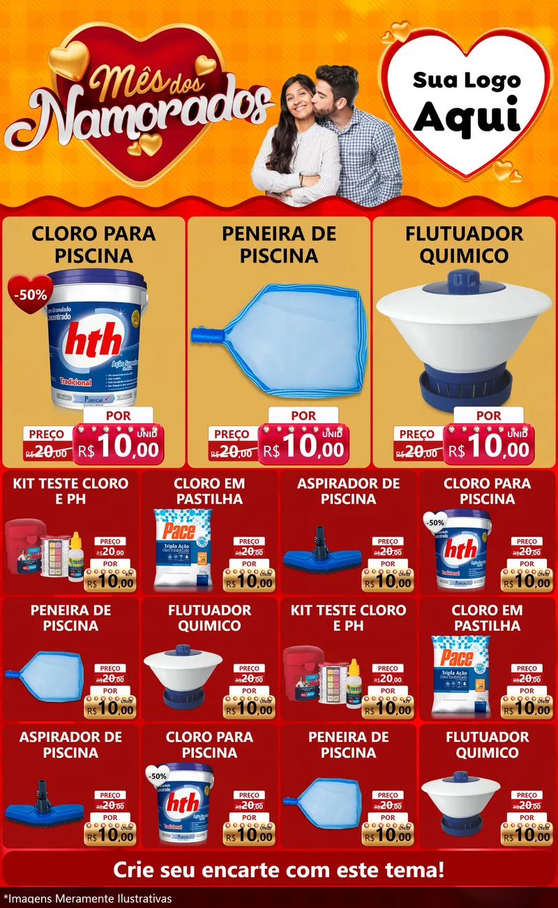 Modelo de Encarte para Encarte Grande com o tema Mês dos Namorados para Produtos para Piscina