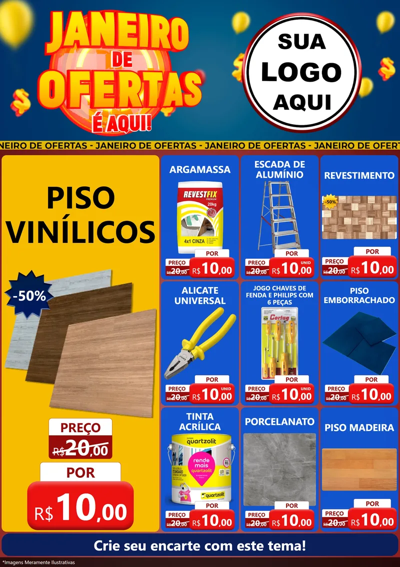 Modelo de Encarte para Encarte A4 Vertical com o tema Janeiro de Ofertas É Aqui! para Material para Construção
