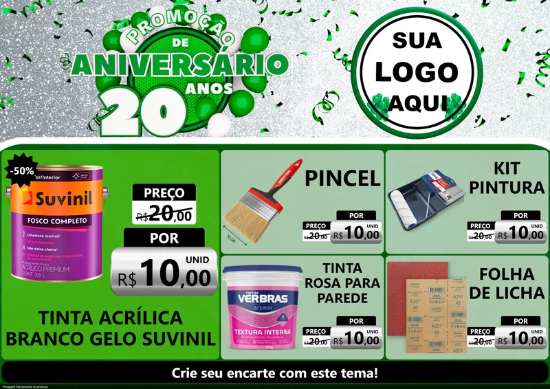 Modelo de Encarte para Encarte A4 Horizontal com o tema Promoção de Aniversário - 20 Anos para Tintas e Ferramentas