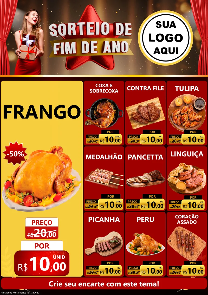 Modelo de Encarte para Encarte A4 Vertical com o tema Sorteio de Fim de Ano para Assados