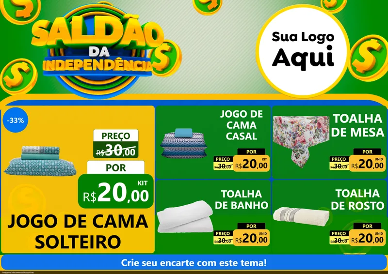Modelo de Encarte para Encarte A4 Horizontal com o tema Saldão da Indepêndencia para Cama, Mesa e Banho