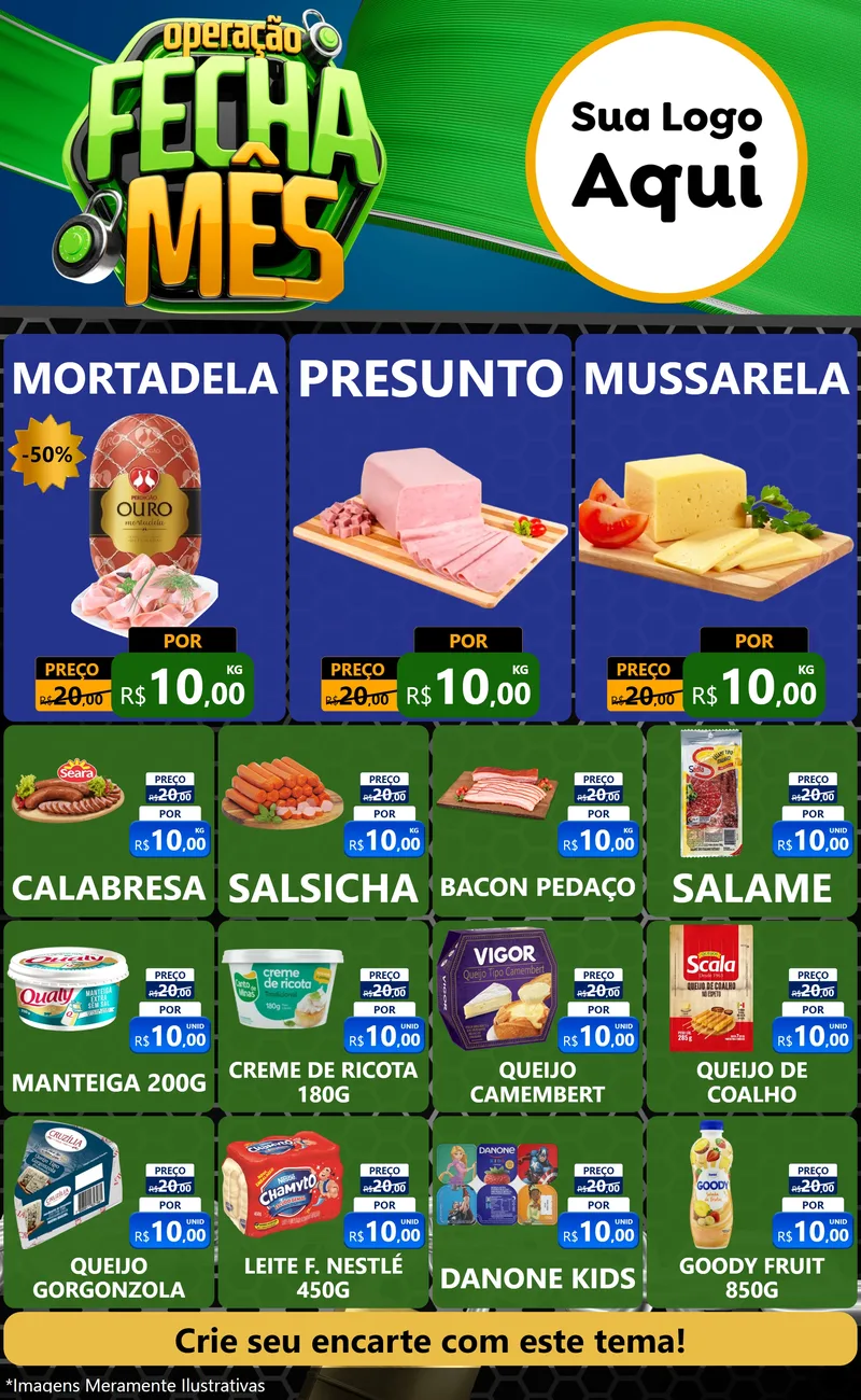 Modelo de Encarte para Encarte Grande com o tema Operação Fecha Mês para Frios e Laticínios