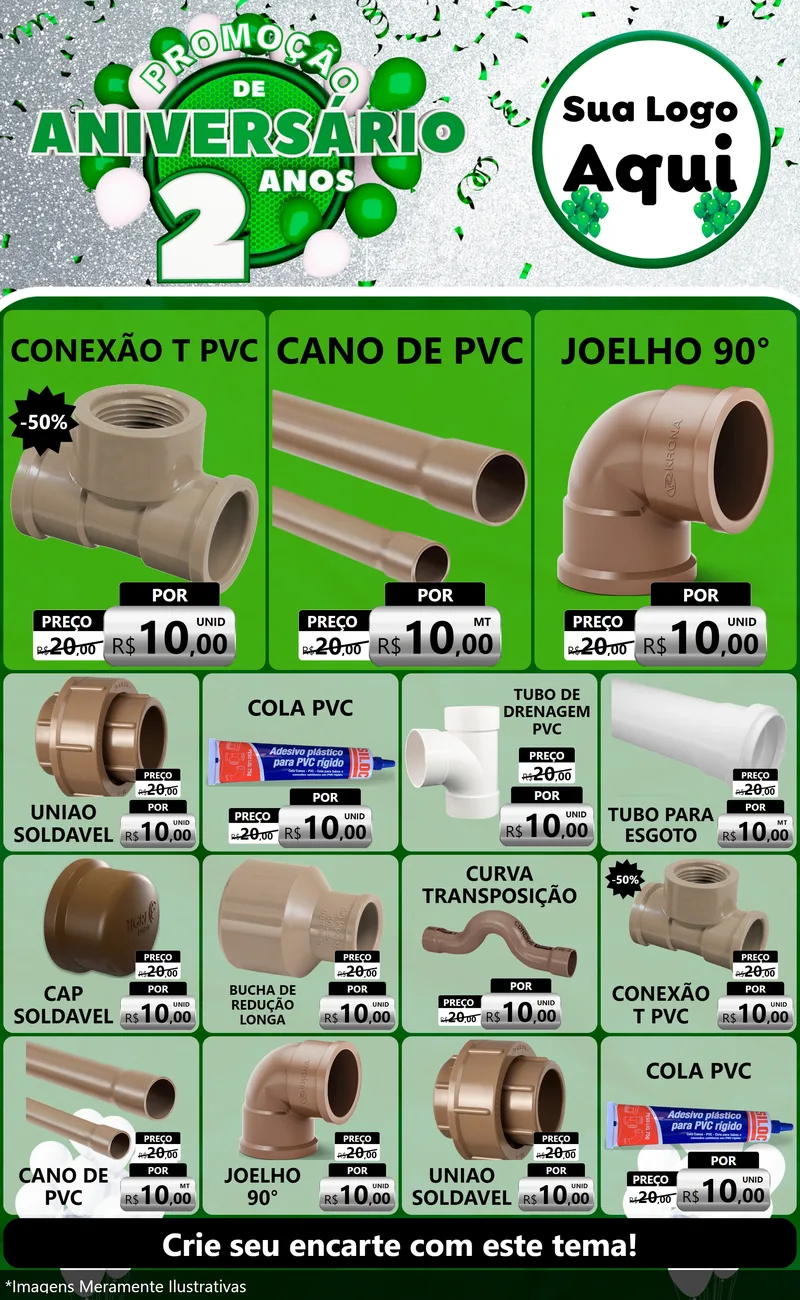 Modelo de Encarte para Encarte Grande com o tema Promoção de Aniversário - 2 Anos para Tubos e conexões