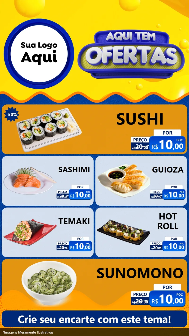 Modelo de TV para TV Vertical com o tema Aqui Tem Ofertas para Comida japonesa