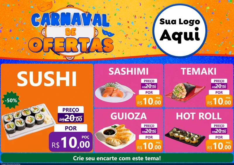 Modelo de Encarte para Encarte A4 Horizontal com o tema Carnaval de Ofertas para Comida japonesa