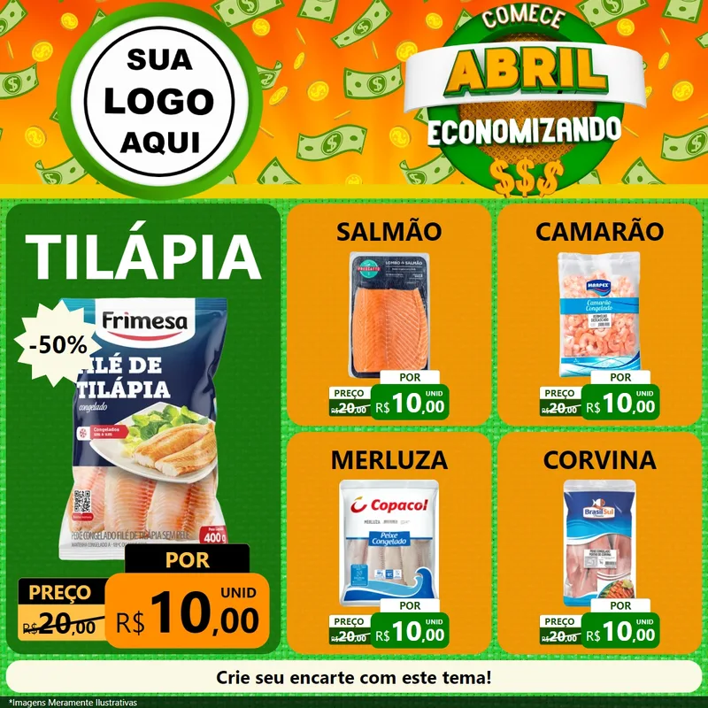 Modelo de Rede Social para Feed Facebook com o tema Comece Abril Economizando para Peixaria