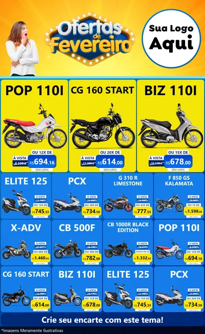 Modelo de Encarte para Encarte Grande com o tema Ofertas de Fevereiro para Concessionaria de Motos
