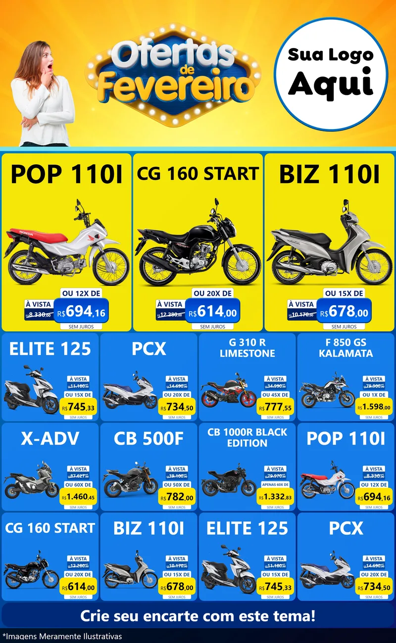 Modelo de Encarte para Encarte Grande com o tema Ofertas de Fevereiro para Concessionaria de Motos