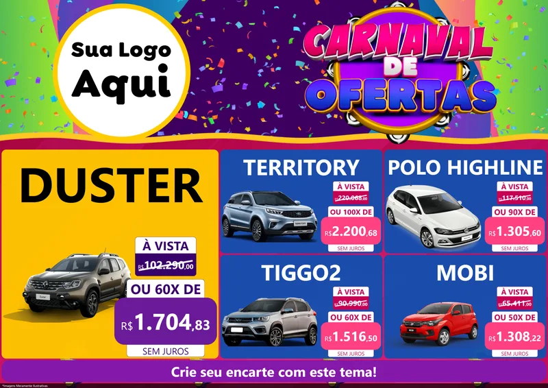 Modelo de Encarte para Encarte A4 Horizontal com o tema Carnaval de Ofertas para Concessionaria de Carros