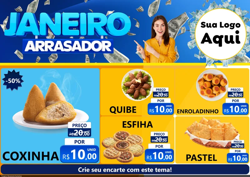 Modelo de Encarte para Encarte A4 Horizontal com o tema Janeiro Arrasador para Salgadaria