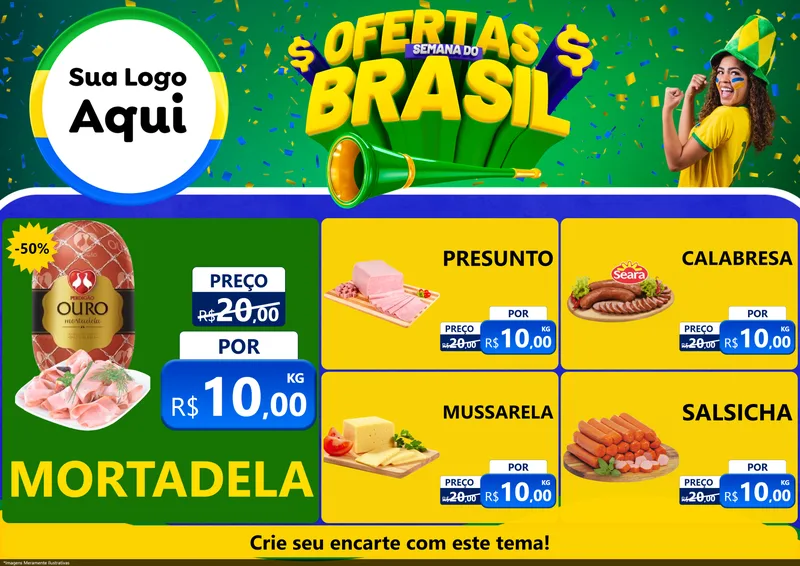 Modelo de Encarte para Encarte A4 Horizontal com o tema Ofertas Semana do Brasil para Frios e Laticínios