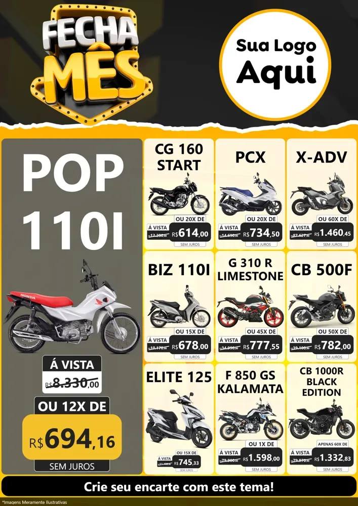Modelo de Encarte para Encarte A4 Vertical com o tema Fecha Mês para Concessionaria de Motos