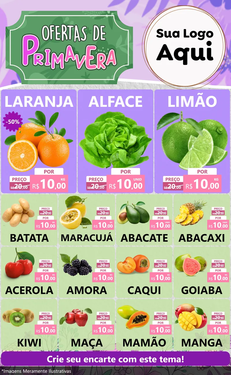 Modelo de Encarte para Encarte Grande com o tema Ofertas de Primavera para Hortifrúti