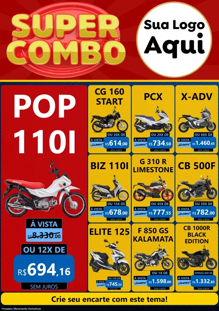 Modelo de Encarte para Encarte A4 Vertical com o tema Super Combo para Concessionaria de Motos