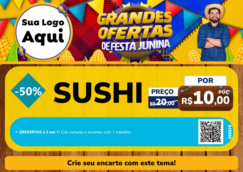 Modelo de Cartaz para Cartaz A4 Horizontal com o tema Grandes Ofertas de Festa Junina para Comida japonesa