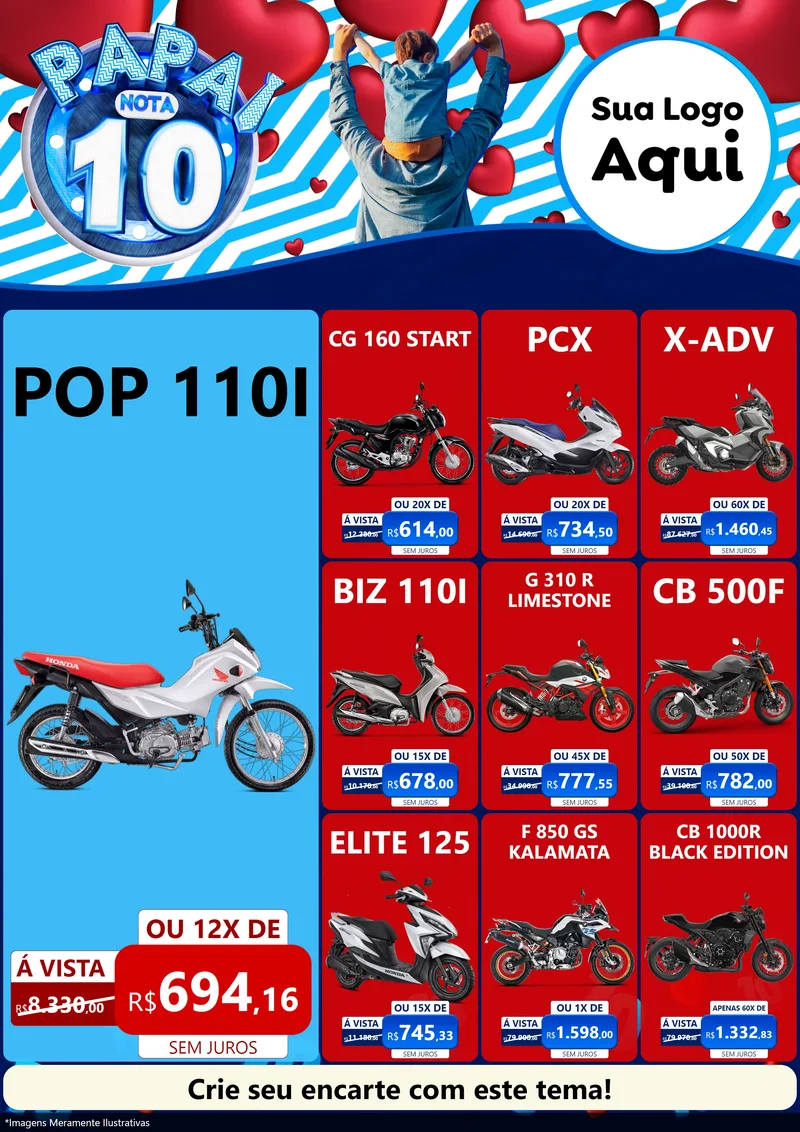 Modelo de Encarte para Encarte A4 Vertical com o tema Papai Nota 10 para Concessionaria de Motos