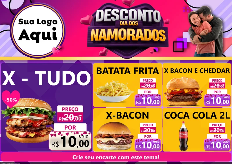 Modelo de Encarte para Encarte A4 Horizontal com o tema Desconto Dia dos Namorados para Hamburgueria
