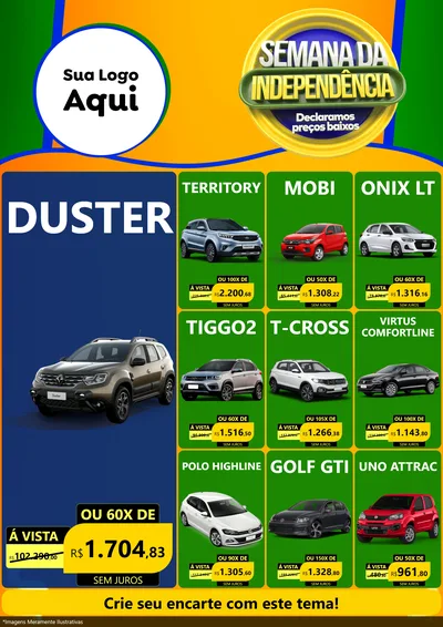 Modelo de Encarte para Encarte A4 Vertical com o tema Semana da Independência Declaramos Preços Baixos para Concessionaria de Carros
