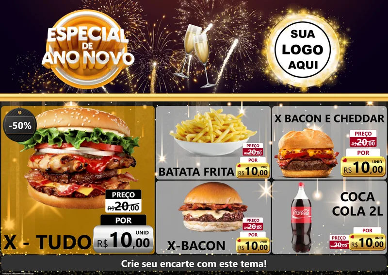 Modelo de Encarte para Encarte A4 Horizontal com o tema Especial de Ano Novo para Hamburgueria