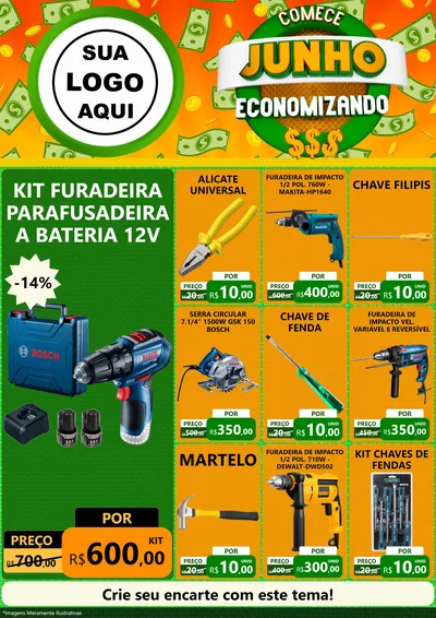Modelo de Encarte para Encarte A4 Vertical com o tema Comece Junho Economizando para Maquinas e Ferramentas