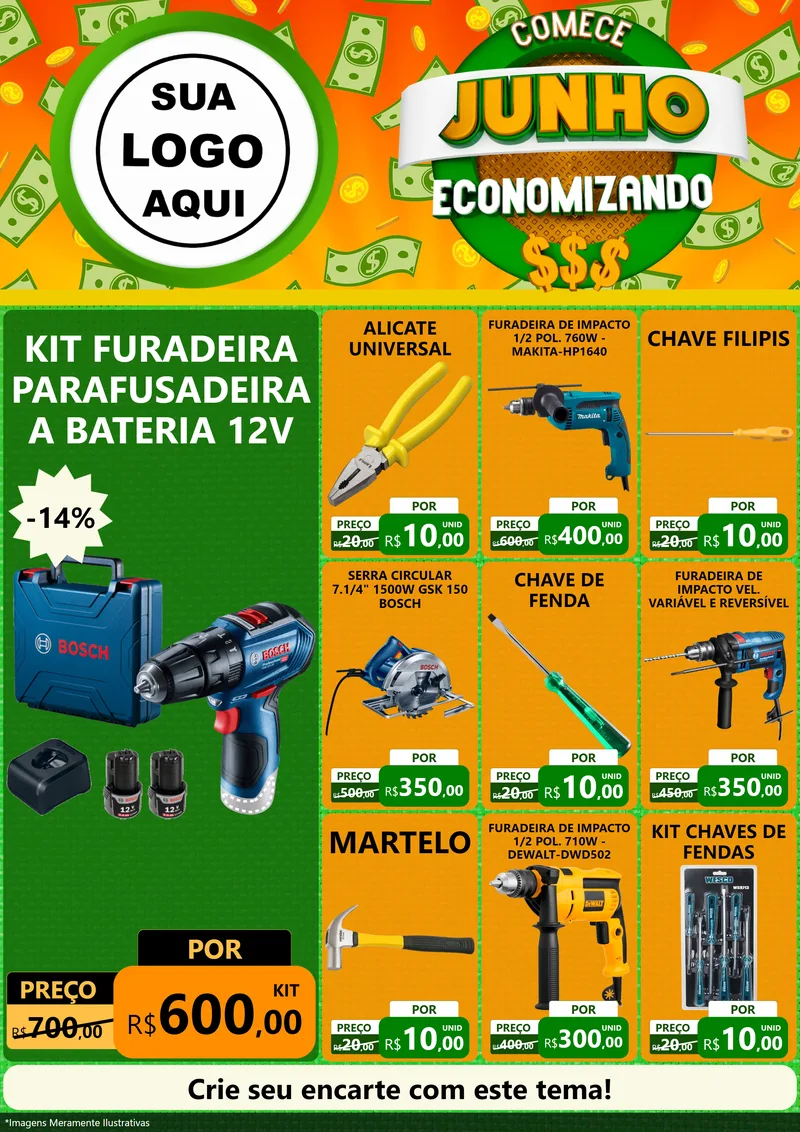 Modelo de Encarte para Encarte A4 Vertical com o tema Comece Junho Economizando para Maquinas e Ferramentas
