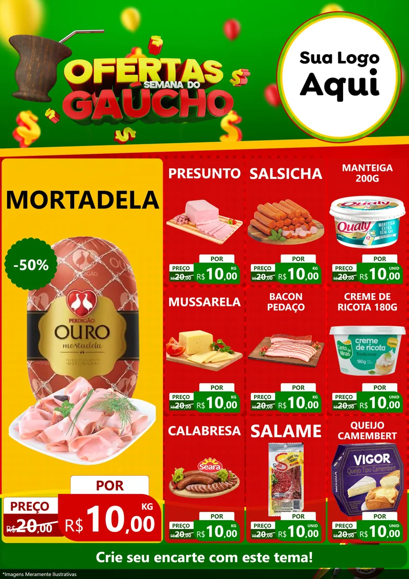 Modelo de Encarte para Encarte A4 Vertical com o tema Ofertas Semana Do Gaúcho para Frios e Laticínios