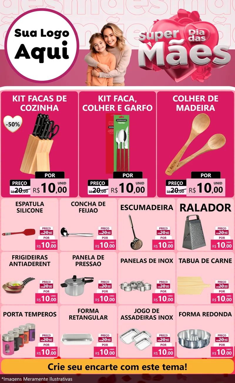 Modelo de Encarte para Encarte Grande com o tema Super Dia Das Mães para Utilidades Domésticas