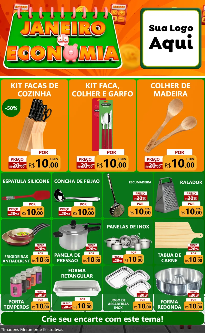 Modelo de Encarte para Encarte Grande com o tema Janeiro da Economia para Utilidades Domésticas