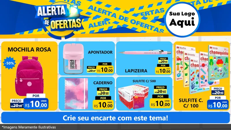 Modelo de TV para TV Horizontal com o tema Alerta de Ofertas para Papelaria
