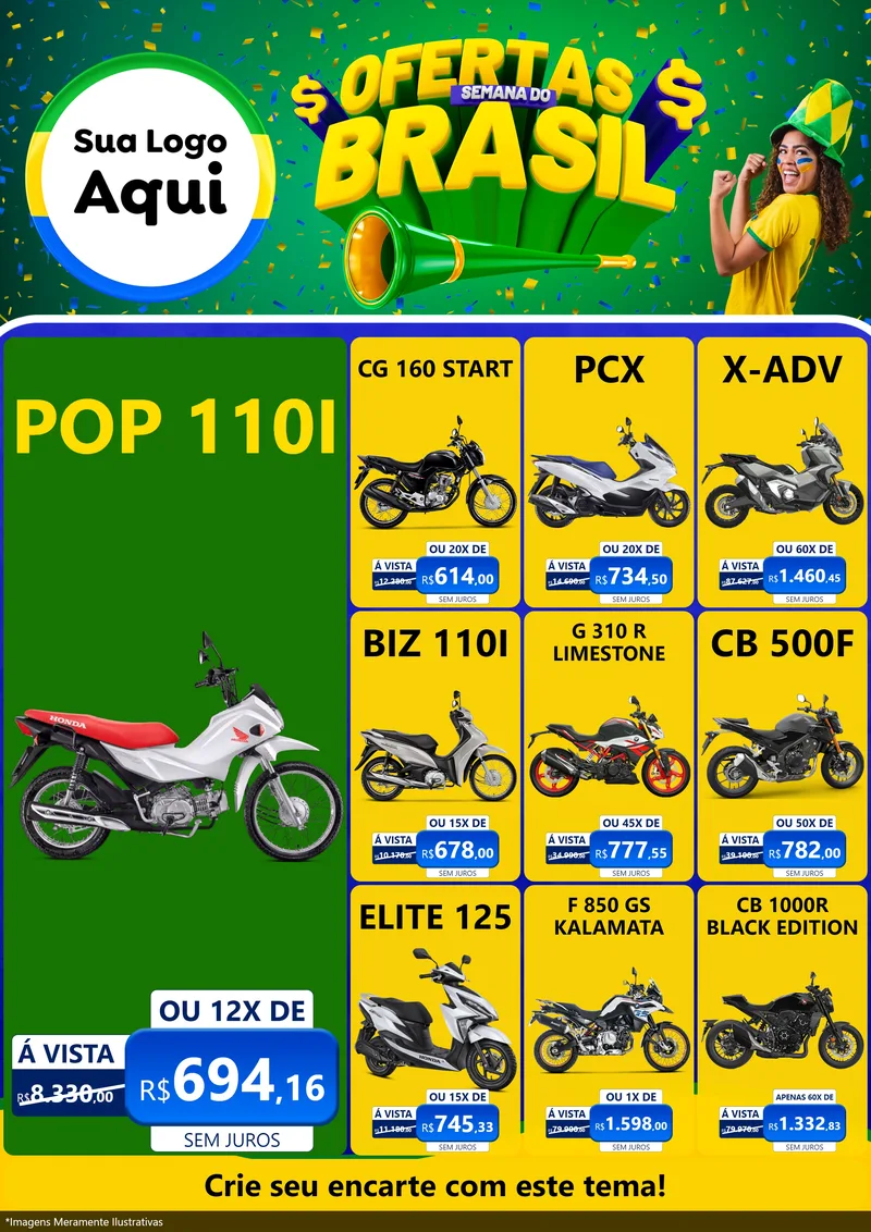 Modelo de Encarte para Encarte A4 Vertical com o tema Ofertas Semana do Brasil para Concessionaria de Motos