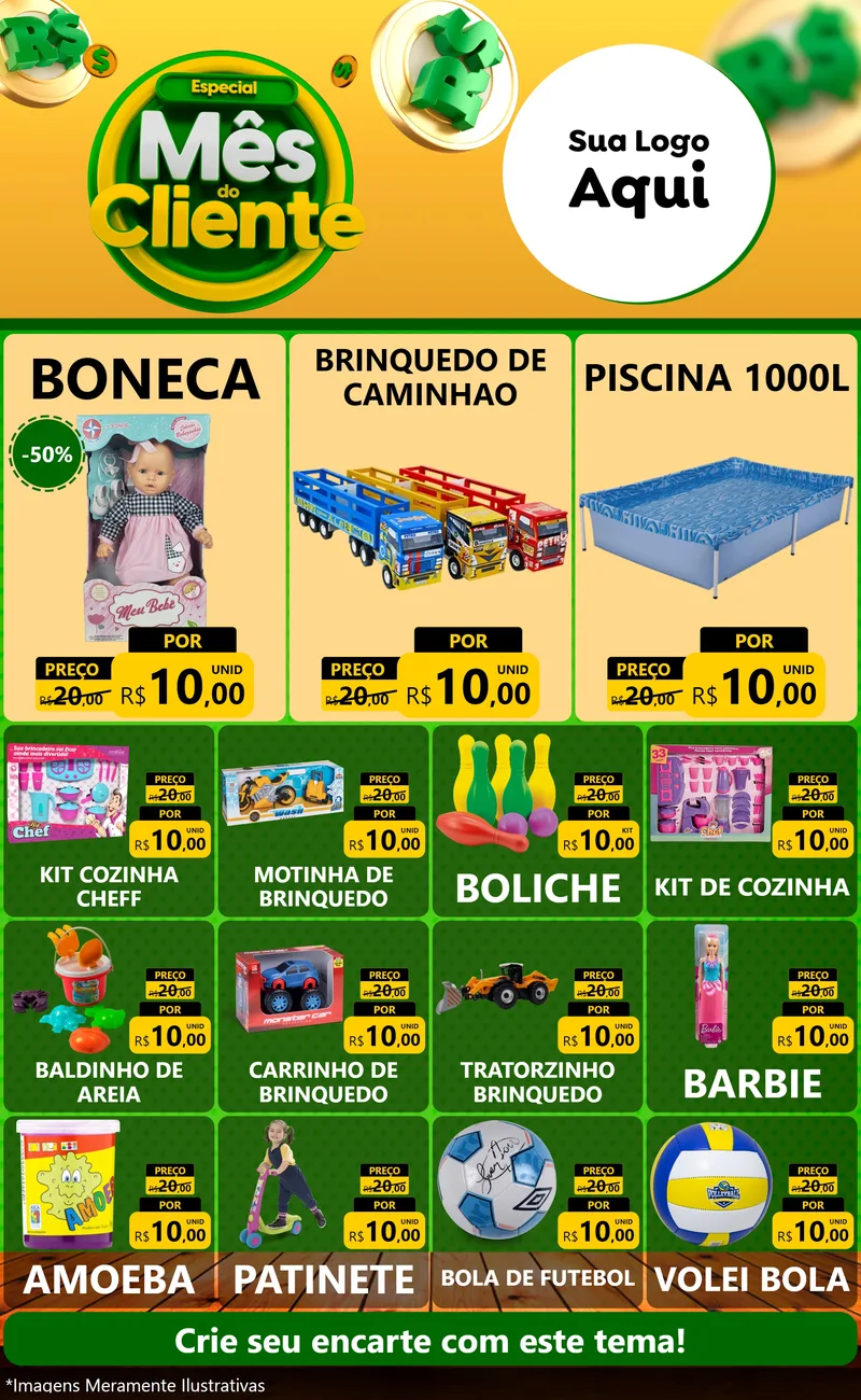 Modelo de Encarte para Encarte Grande com o tema Especial Mês do Cliente para Brinquedos