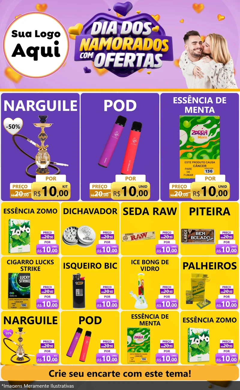 Modelo de Encarte para Encarte Grande com o tema Dia Dos Namorados Com Ofertas para Tabacaria