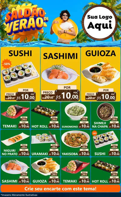 Modelo de Encarte para Encarte Grande com o tema Saldão de Verão para Comida japonesa