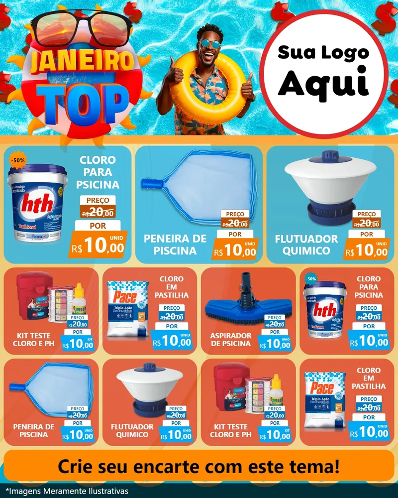 Modelo de Rede Social para Feed Instagram com o tema Janeiro Top para Produtos para Piscina