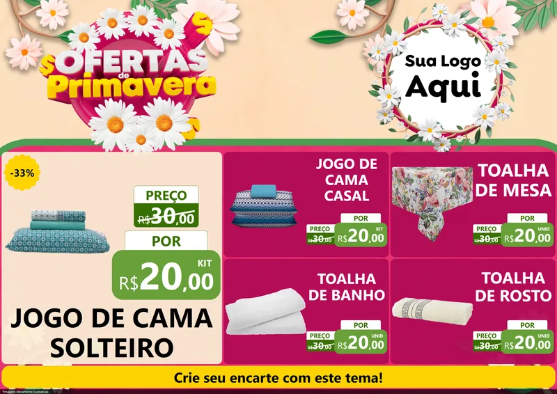 Modelo de Encarte para Encarte A4 Horizontal com o tema Ofertas de Primavera para Cama, Mesa e Banho