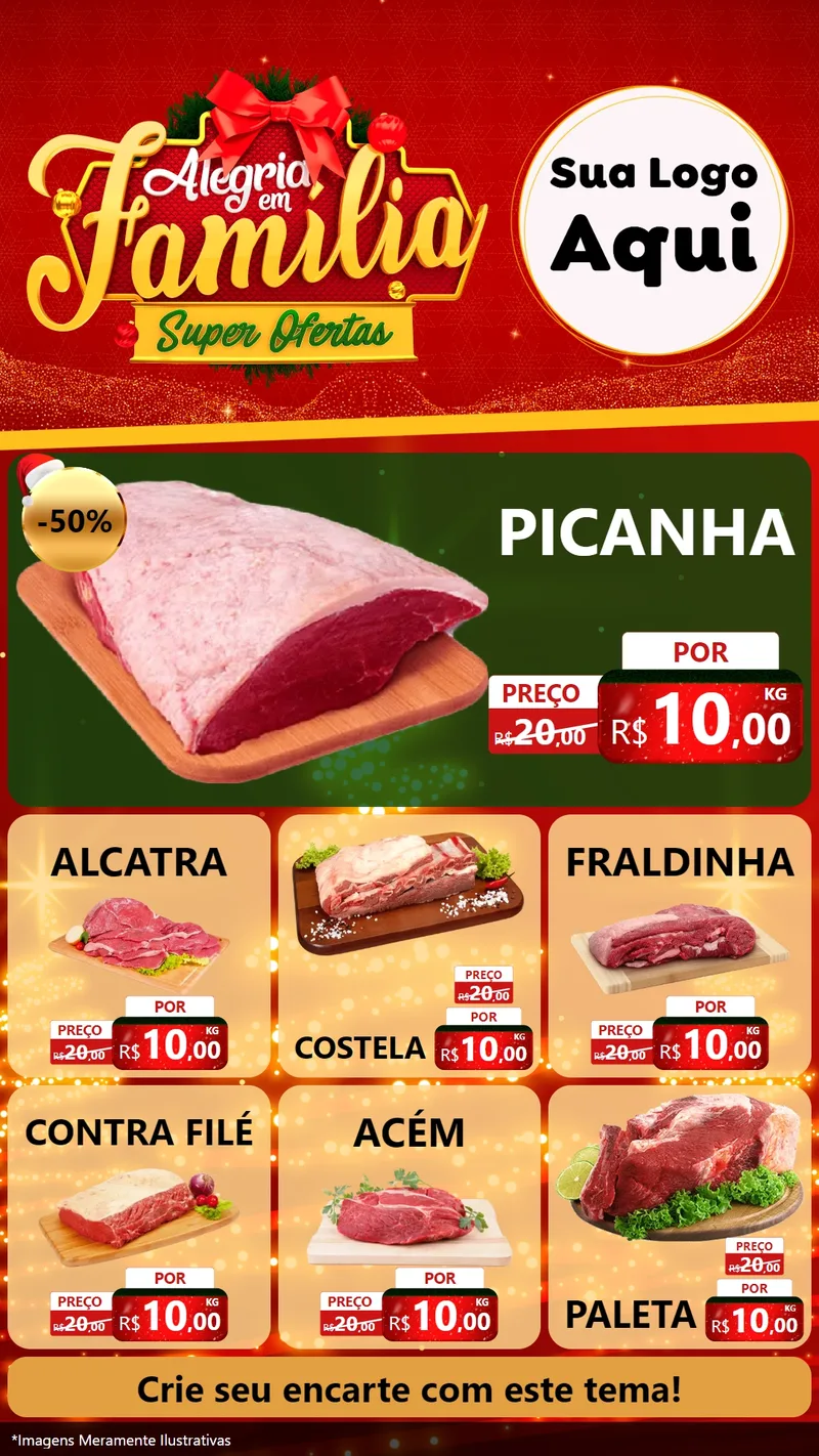 Modelo de Rede Social para Stories com o tema Alegria em Família Super Ofertas - Natal para Açougue