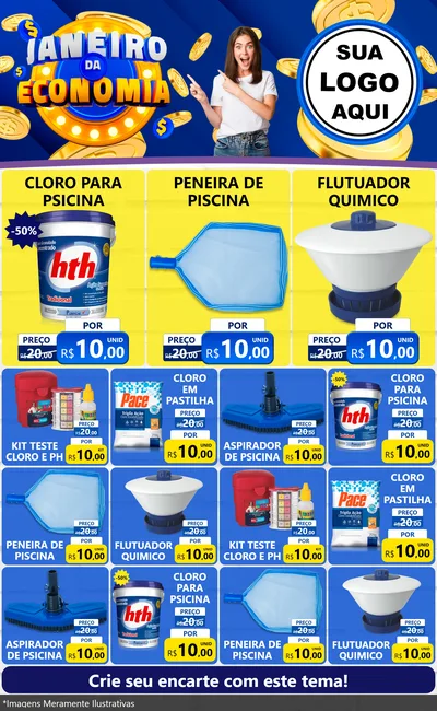 Modelo de Encarte para Encarte Grande com o tema Janeiro da Economia para Produtos para Piscina