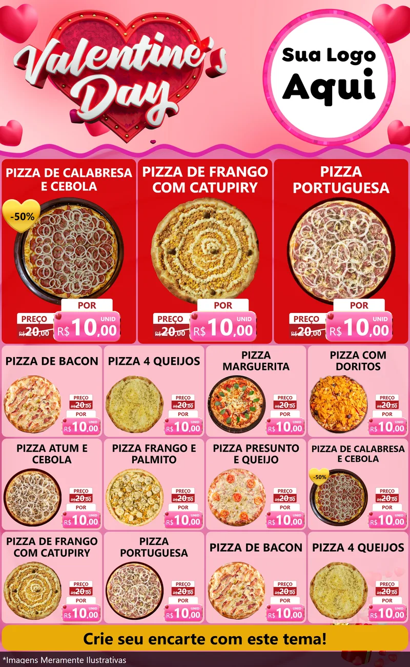 Modelo de Encarte para Encarte Grande com o tema Valentine's Day para Pizzaria