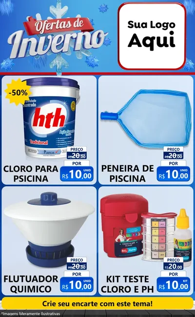 Modelo de Encarte para Encarte Grande com o tema Ofertas de Inverno para Produtos para Piscina
