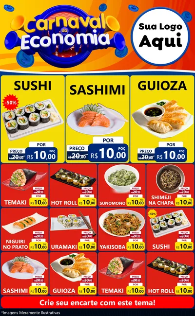 Modelo de Encarte para Encarte Grande com o tema Carnaval da Economia para Comida japonesa
