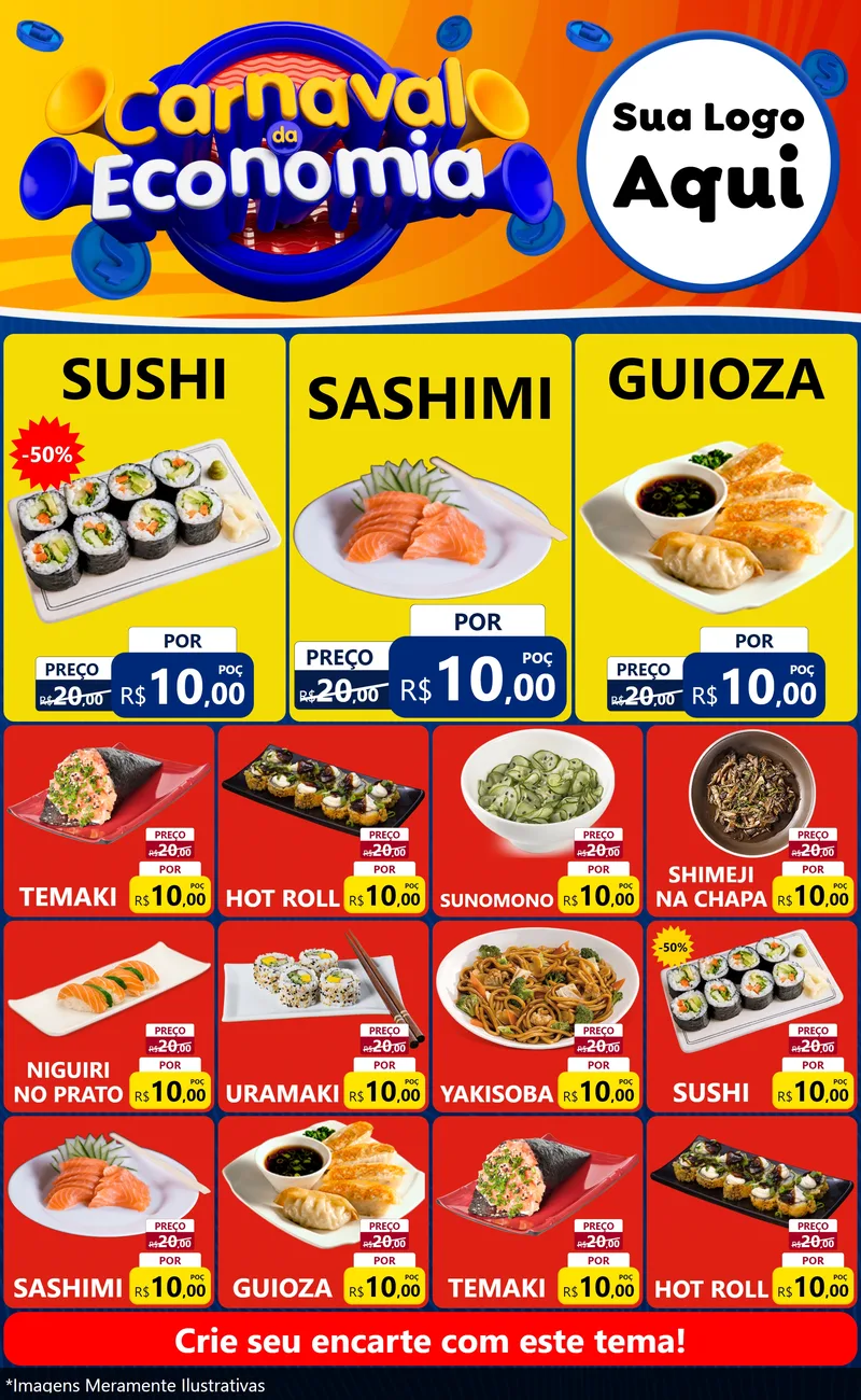Modelo de Encarte para Encarte Grande com o tema Carnaval da Economia para Comida japonesa