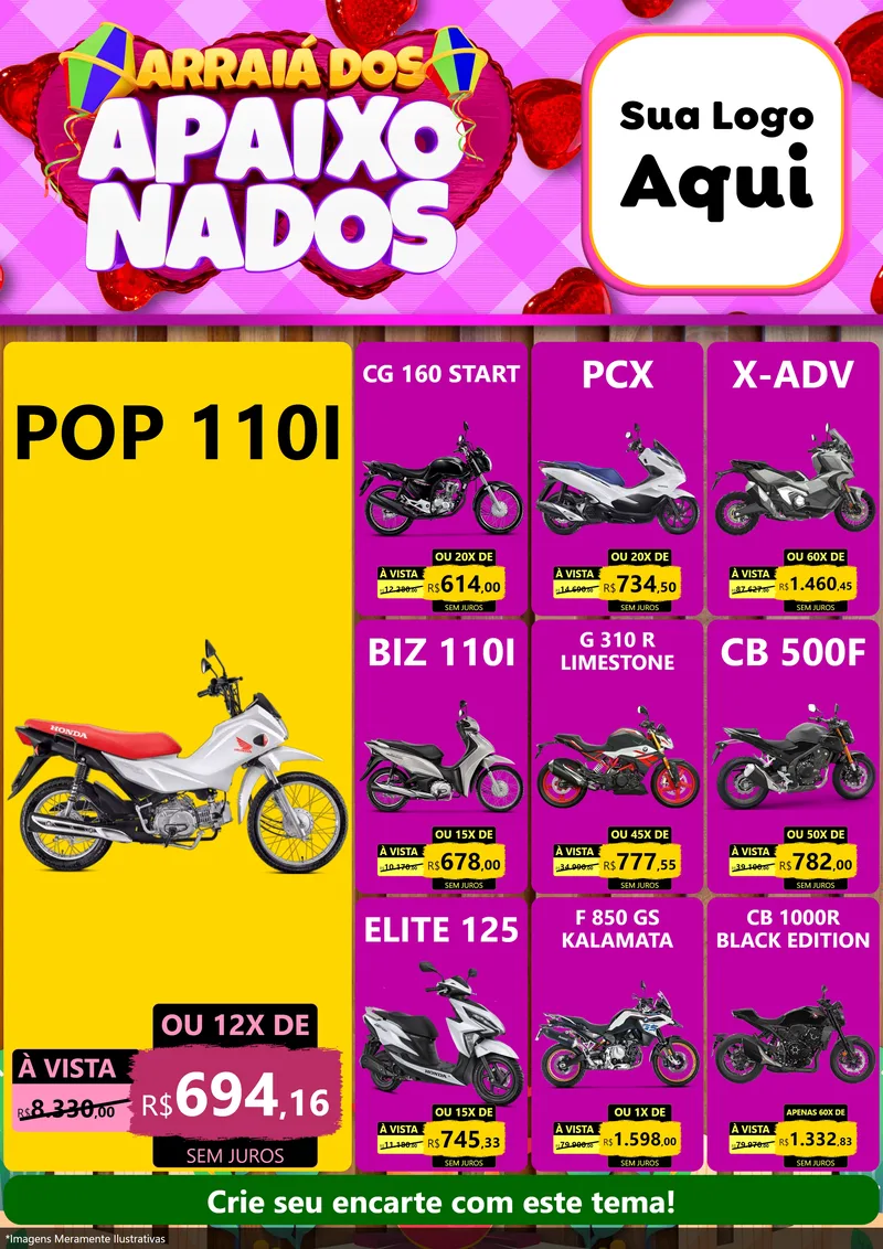 Modelo de Encarte para Encarte A4 Vertical com o tema Arraiá dos Apaixonados para Concessionaria de Motos