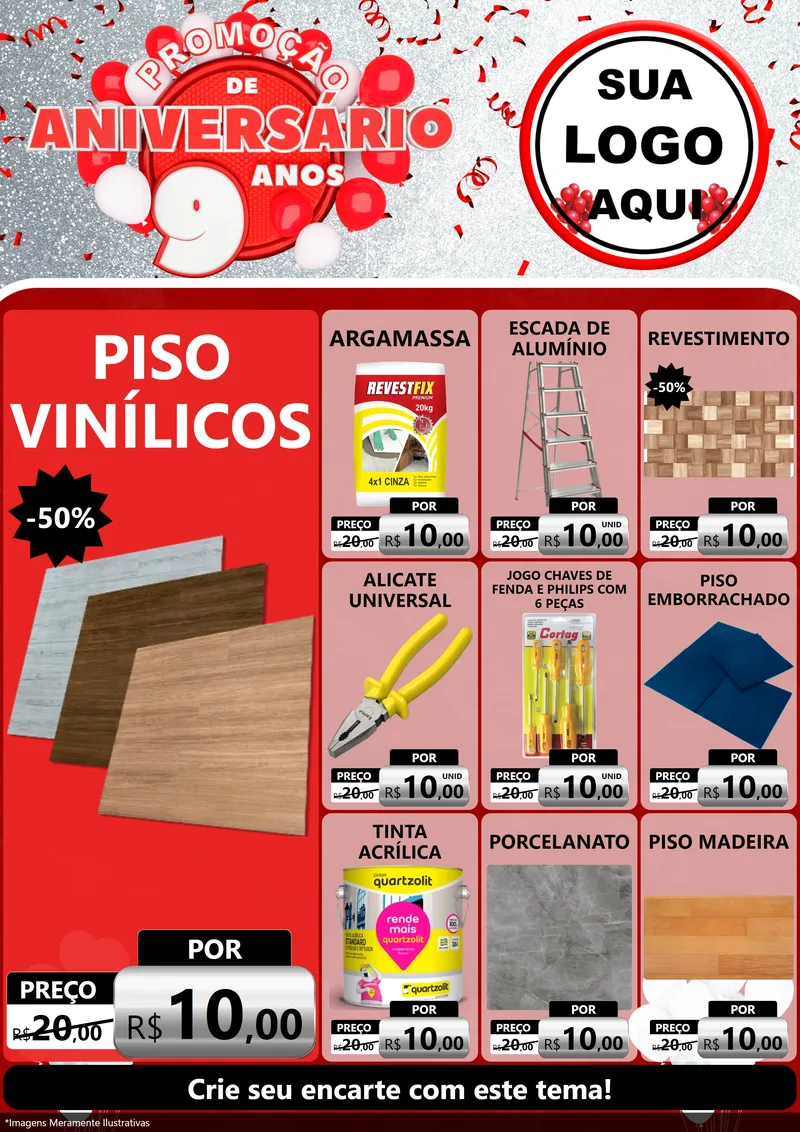 Modelo de Encarte para Encarte A4 Vertical com o tema Promoção de Aniversário - 9 Anos para Material para Construção