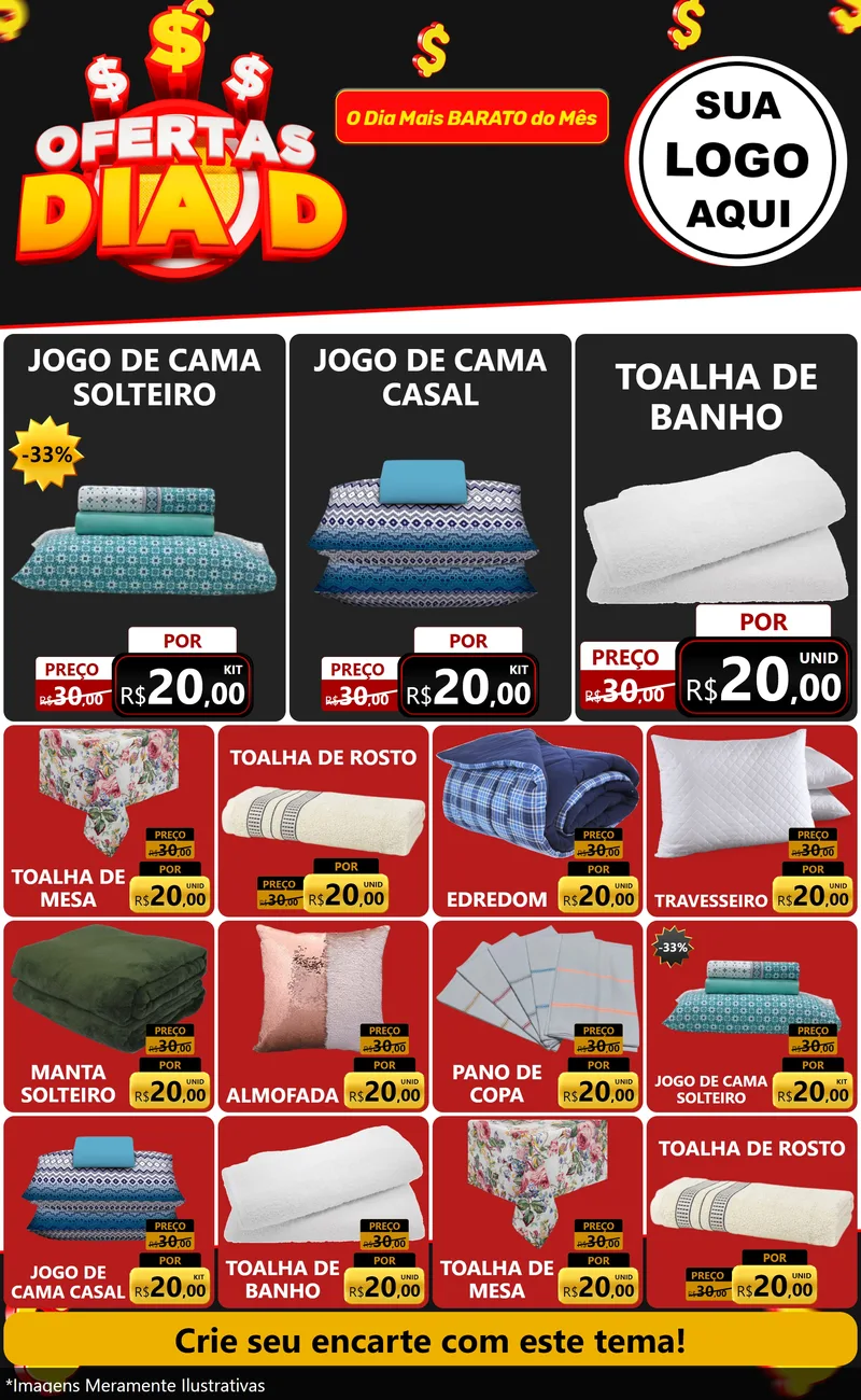 Modelo de Encarte para Encarte Grande com o tema Ofertas Dia D para Cama, Mesa e Banho