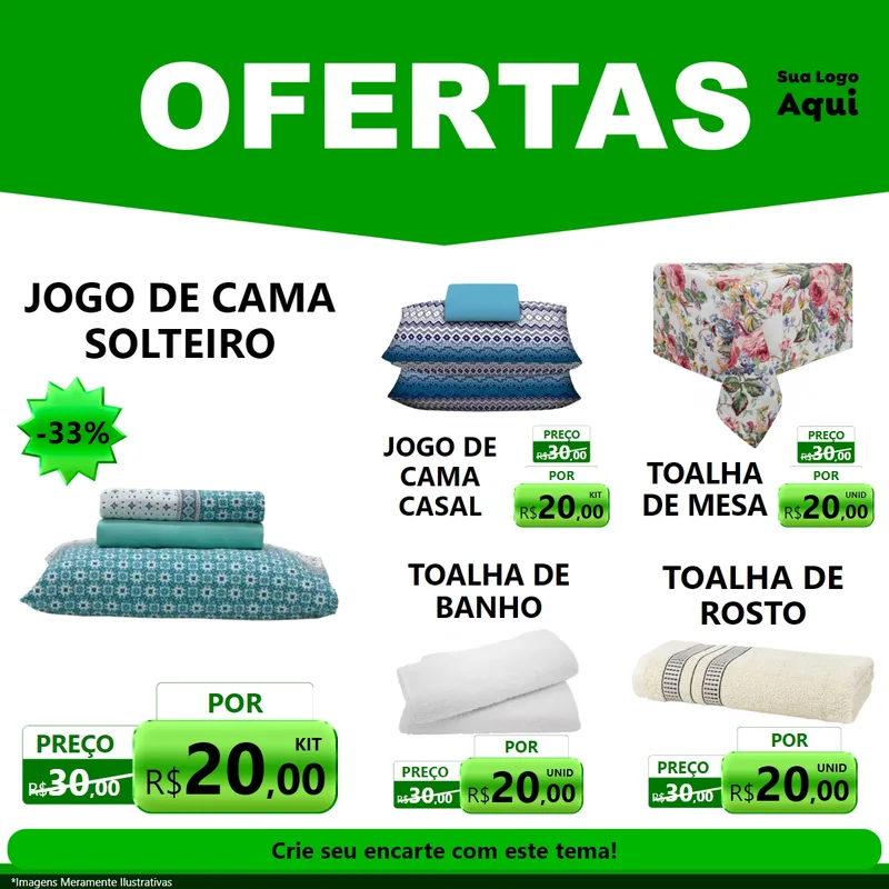 Modelo de Rede Social para Feed Facebook com o tema Ofertas Verde Cartaz para Cama, Mesa e Banho